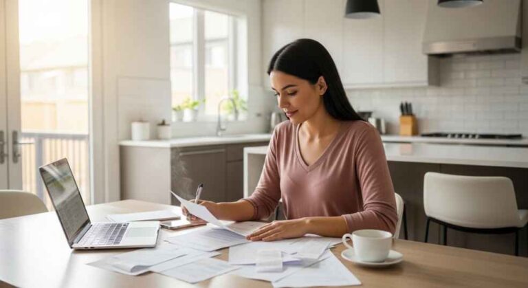 A Canadian person reviewing bills and financial documents.