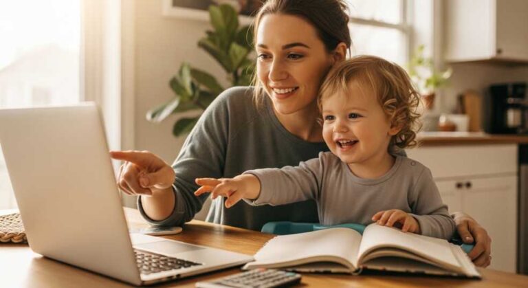 Warm, candid photo of a young Canadian family (parent and child) sitting at a kitchen table, looking at a laptop together, with a notebook and calculator nearby — conveying financial planning and hope.