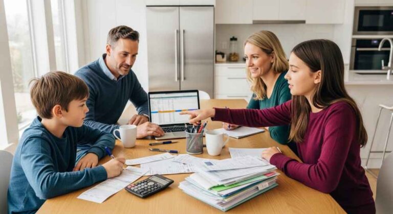 A Canadian family sitting around a kitchen table reviewing bills and budget documents together
