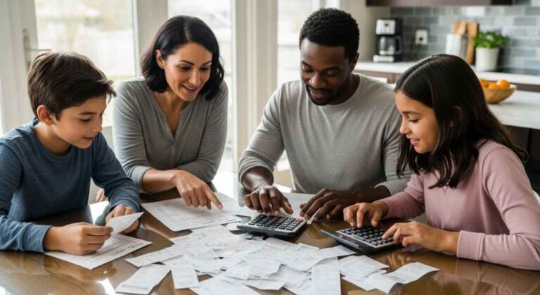 Canadian family reviewing budget