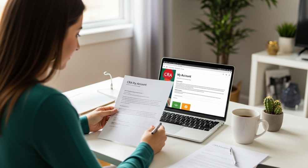 A Canadian parent reviewing financial documents and a Canada Child Benefit notice on a laptop at home