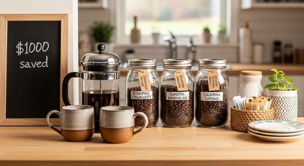 A cozy home coffee station with a French press, nice mugs, and a small chalkboard calculating the annual savings from home brewing.