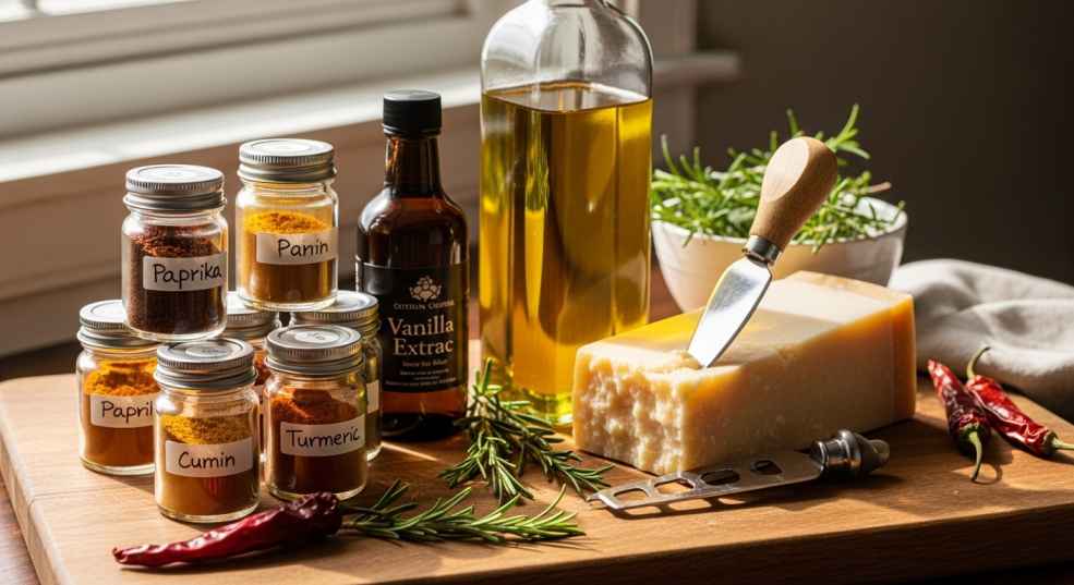 Strategic splurge pantry items that elevate budget meals including quality olive oil, Parmesan cheese, and essential spices
