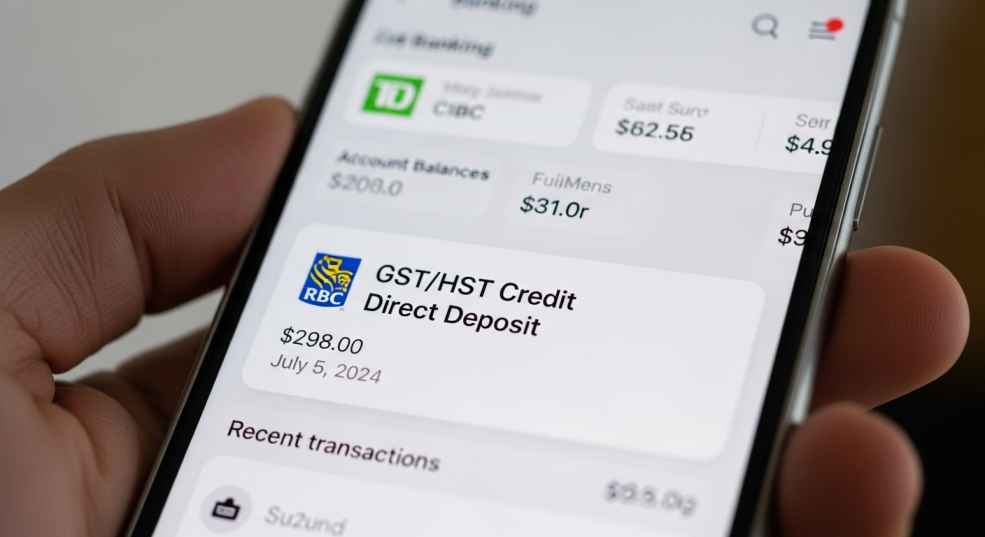 Direct deposit notification on smartphone showing GST/HST credit payment received