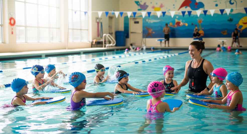 Children swimming in a municipal pool as part of a subsidized community swim program in Canada