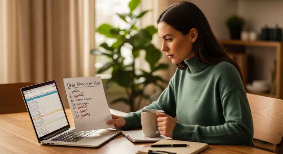 Canadian woman planning debt repayment strategy at home with budget spreadsheet