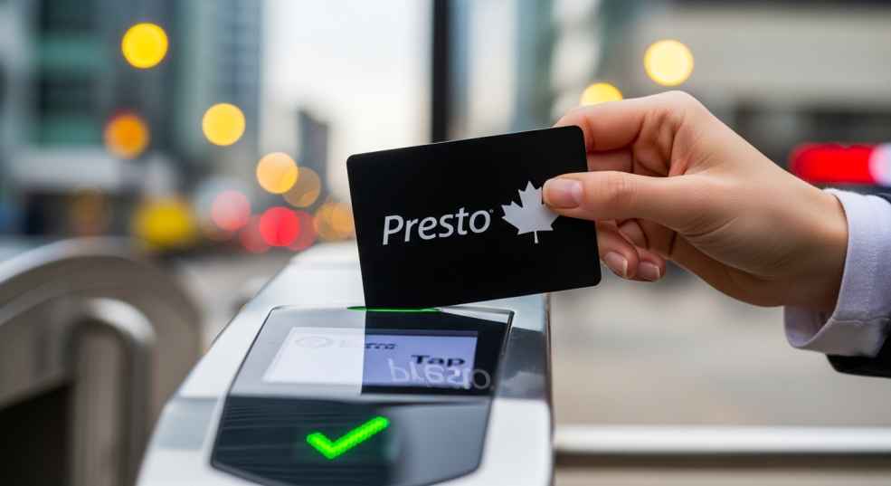 Close-up of a Canadian Presto transit card or a transit pass being tapped on a card reader, with a blurred city background.