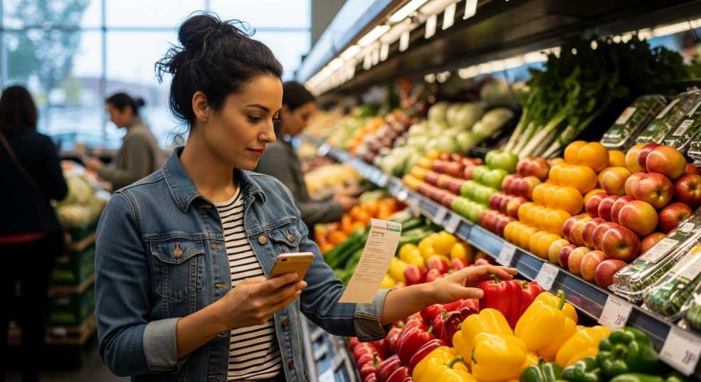 Person checking grocery list on phone in produce aisle of Canadian supermarket