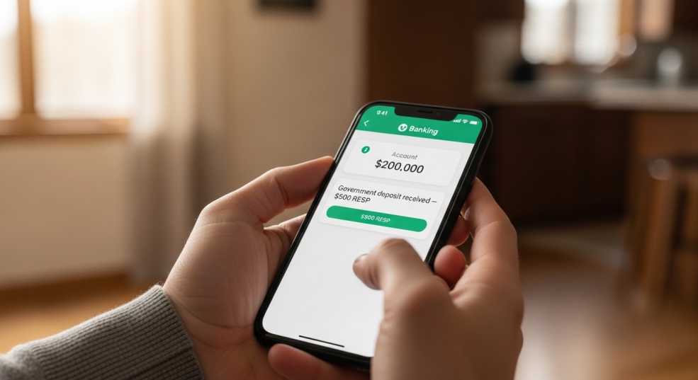 A smartphone or laptop screen showing a banking app with a notification of a government deposit — conveying ease of digital financial management.