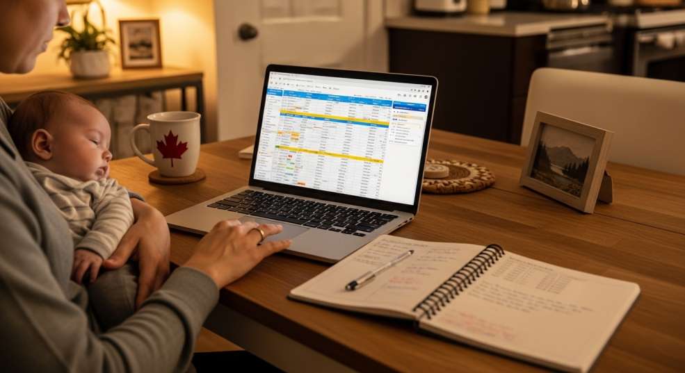 Canadian family budgeting at home during parental leave, spreadsheet on screen showing EI income and monthly expenses