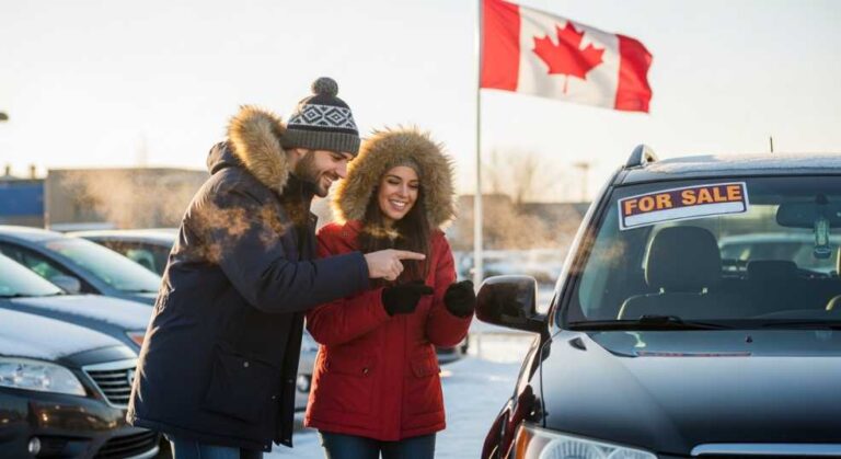 Canadian couple inspecting a used car at a dealership in winter