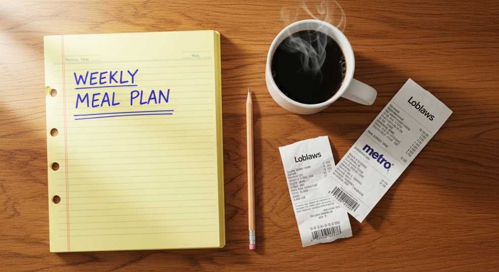 Handwritten weekly meal plan on a notepad with a coffee mug and grocery receipts