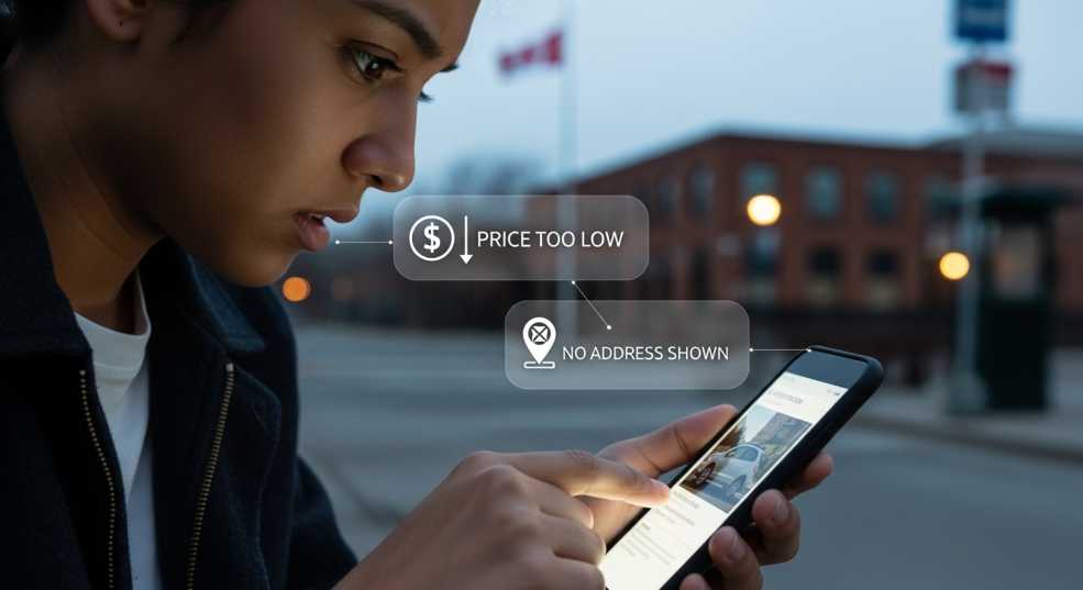 Worried car buyer noticing suspicious signs on used car listing on smartphone