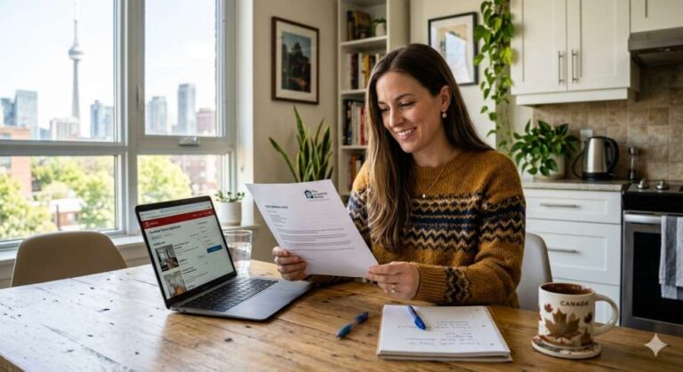 How to Negotiate Your Rent Renewal in Canada (Scripts and Tips That Work) Canadian tenant reviewing a lease renewal letter at home with a laptop and notepad