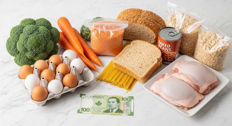 A week's worth of budget groceries for one person in Canada displayed on a kitchen counter with a $100 bill