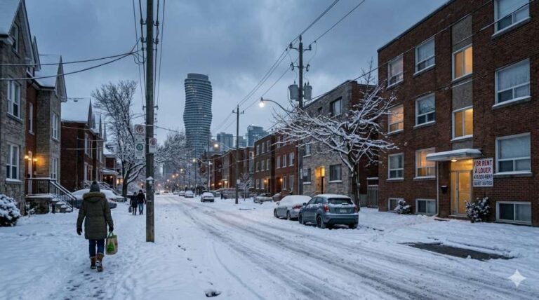 Quiet Canadian city street in winter with a For Rent sign outside an apartment building