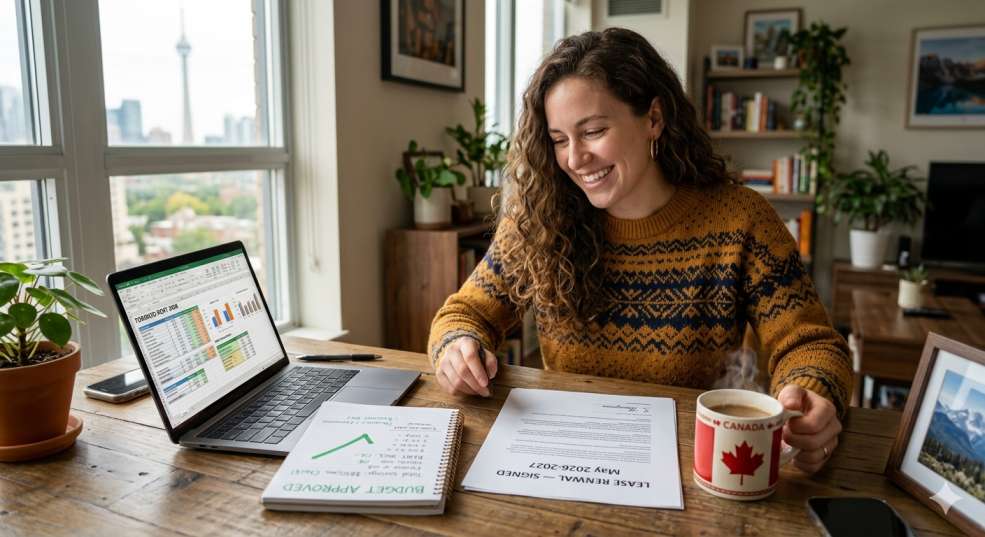Canadian renter smiling while reviewing savings after a successful rent negotiation, with a budget spreadsheet visible