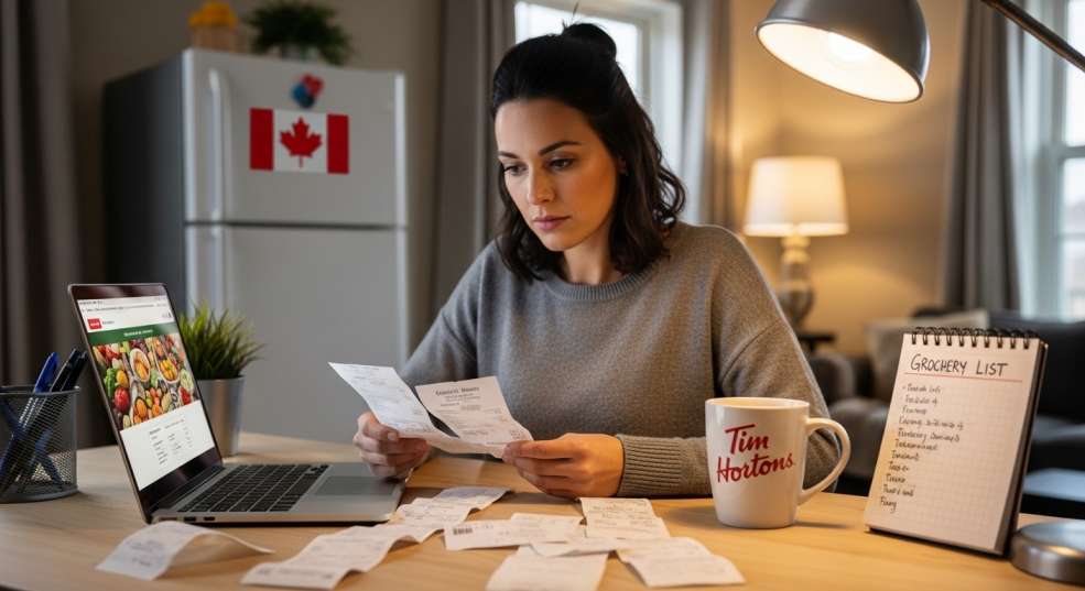 Frugal Canadian shopper reviewing grocery delivery receipts and comparing prices on a laptop