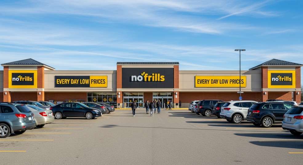 No Frills grocery store exterior in a suburban Ontario shopping plaza