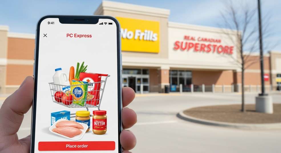 PC Express app on a smartphone with a No Frills store in the background