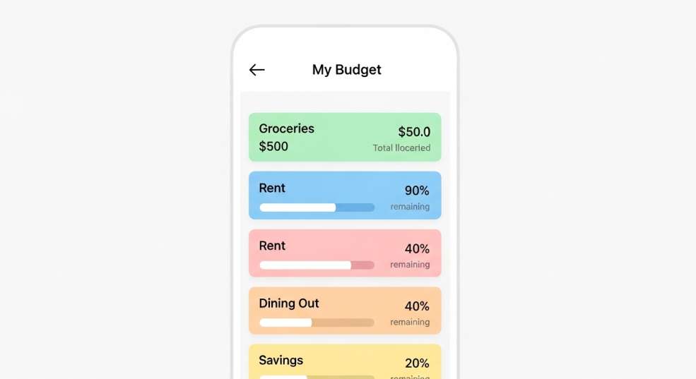 Smartphone mockup showing digital envelope categories in a budgeting app with remaining balance progress bars