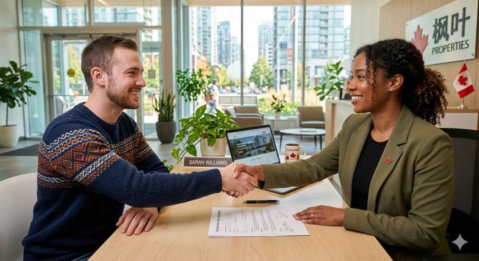 Canadian tenant and landlord shaking hands after a positive lease negotiation