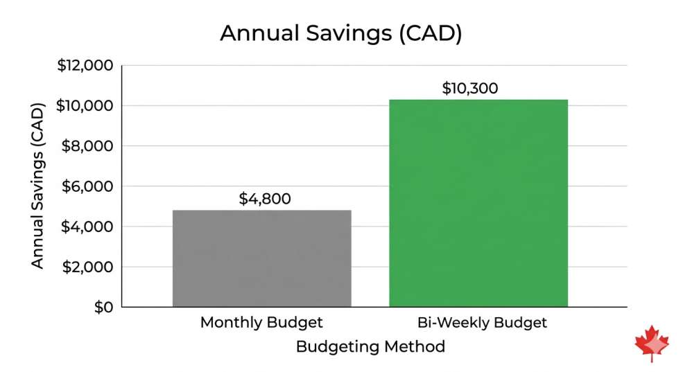Bar chart comparing annual savings between bi-weekly and monthly budgeting Canada