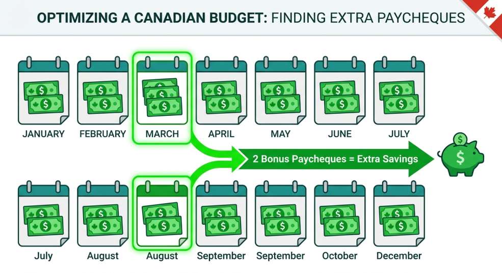26 bi-weekly paycheques per year in Canada showing two bonus months