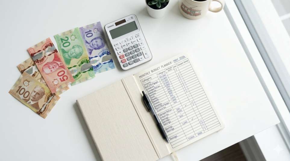 Calculator and Canadian money illustrating debt repayment math