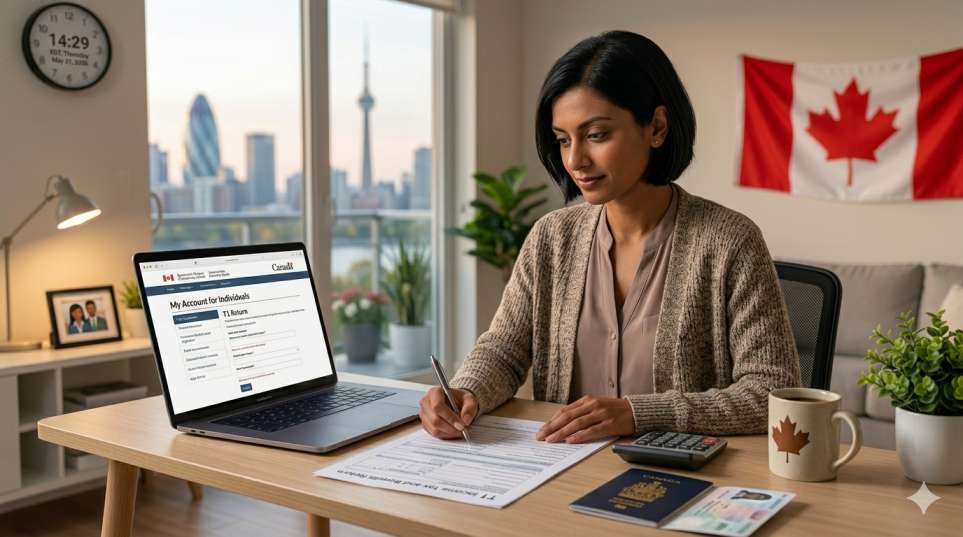 Person filling out Canadian tax forms at a desk with a laptop showing the CRA website