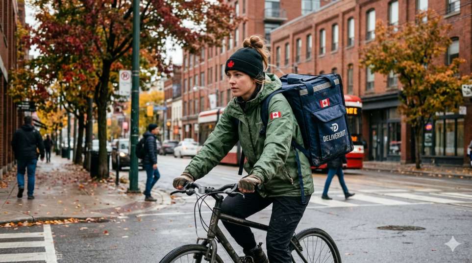A person packaging items for sale, or delivering food on a bike in a Canadian urban setting