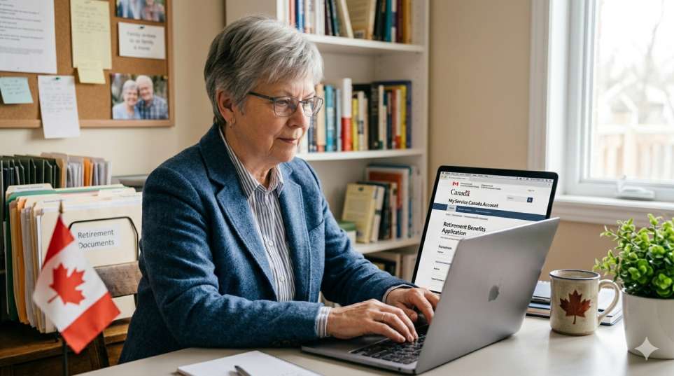Older Canadian woman using laptop to apply for government senior benefits online