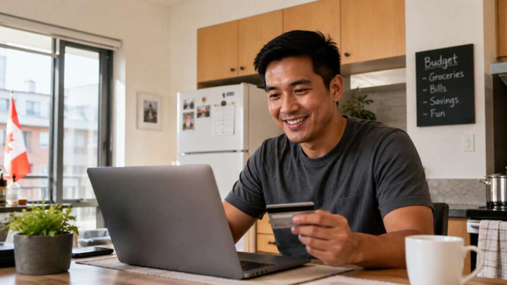 Person holding a credit card while reviewing finances on a laptop, warm home setting