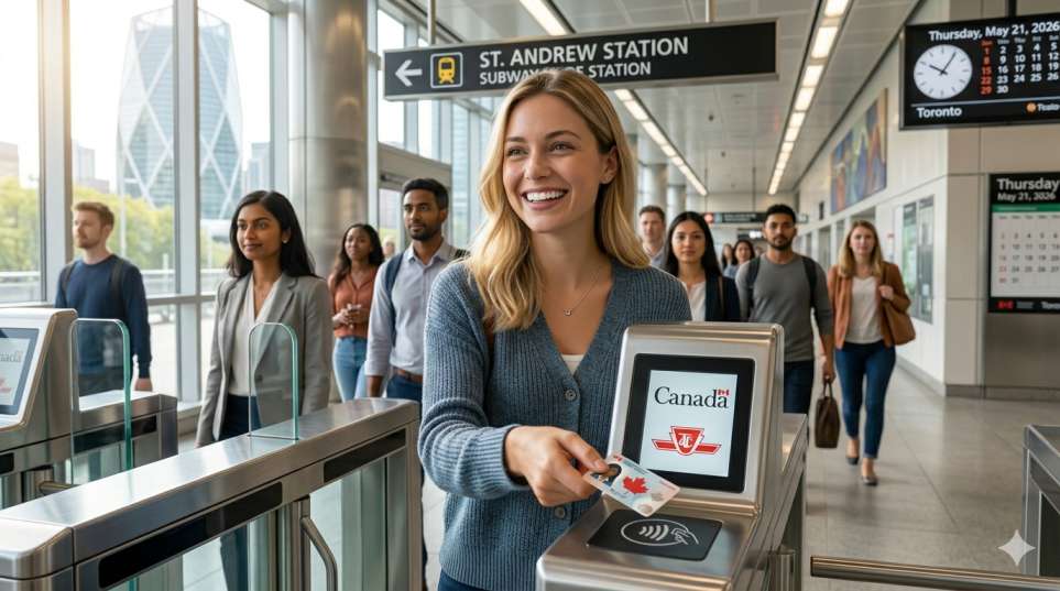 Smiling newcomer using a transit card on a Canadian city bus or subway