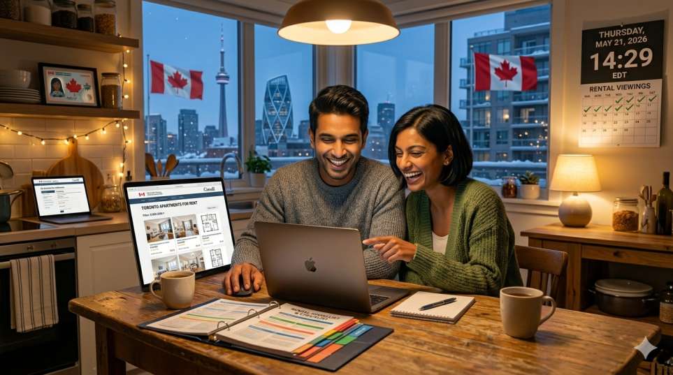 Canadian couple searching for cheap rental apartments online in winter