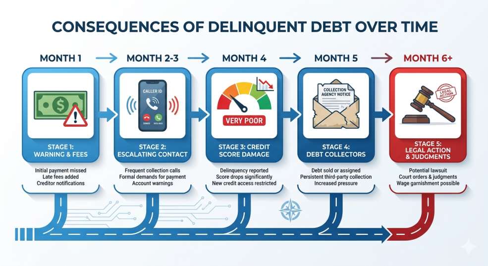 A clean infographic-style illustration of a timeline showing the escalation of consequences from Month 1 through Month 6+